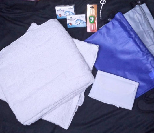 Complete Hajj/Umrah Ahram Set: Towel Ahram, Tasbeeh, Soap & Bag